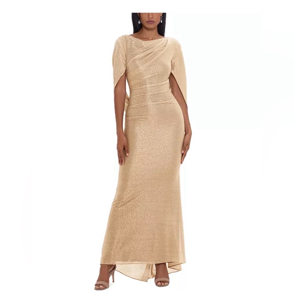 Betsy & Adam Metallic Gold Maxi Dress with Draped Cape Sleeves